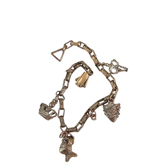 Vintage Medieval Brass Charm Bracelet Knight Crown Shield Heraldic 8" Link - Picture 3 of 6